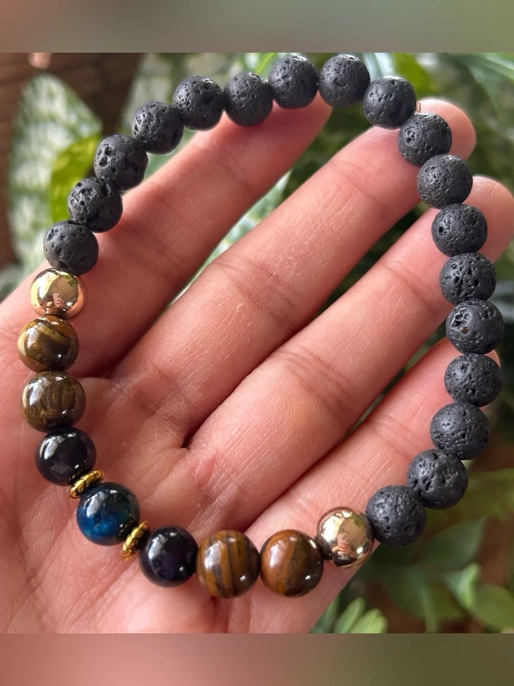 Lava Stone and Tiger Eye Beaded Stretch Bracelet - Blue Black & Brown